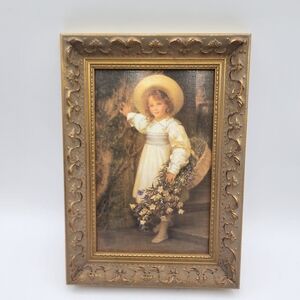 Vintage Victorian Garden Print girl flowers basket Goetze gold ornate frame 13"